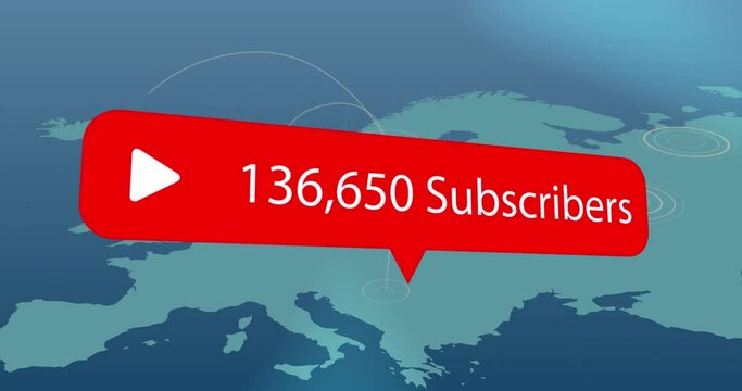 Speech bubble with play icon with increasing subscribers against pulsating circles over world map - Powered by Adobe