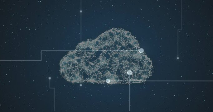 Cloud icon of network of connections against light trails against blue background