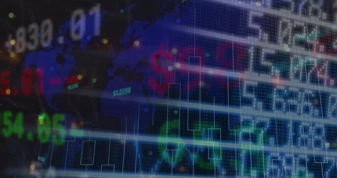 Digital composite video of stock market data processing over world map against black background
