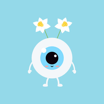 recommend clip art: Easter cute eye ball with narcissus accessory icon. Ophthalmology easter eyeball character with daffodils on head. Flat design cartoon style vector vision clip art illustration.