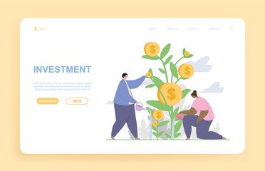Male and female characters are watering money plant together. Abstract concept of investment metaphor as a tree with coins. Website, web page, landing page template. Flat cartoon vector illustration