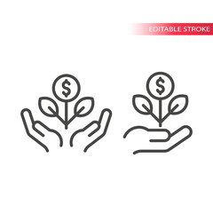 Business growth line vector icon. Hand, plant growing and dollar coin symbol, editable stroke.