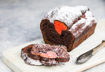 Vanilla pound cake with red  hearts, baking dessert for Valentines day