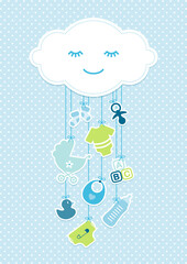 Babykarte Junge Wolke & Hängende Icons Punkte Blau