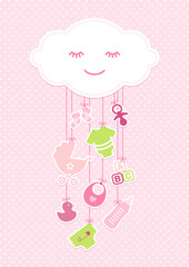 Babykarte Mädchen Wolke & Hängende Icons Punkte Pink