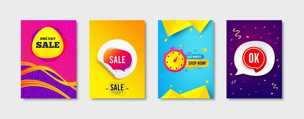 Fototapeta na wymiar Last minute, Day sale and Sale bubble promo label set. Sticker template layout. Ok sticker sign. Banner shape, Discount sticker, Approved bubble. Promotional tag set. Speech bubble banner. Vector