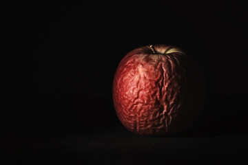 Withered skin of a rotten apple with the dark background. old fruit becomes dehydrated. life and...