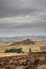 Bleak winter panoramic view of Baldstone, and Gib Torr in the Peak District National Park.