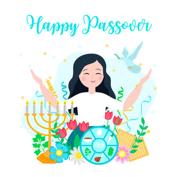 Jewish holiday Passover banner design with with floral decoration, matzo. vector illustration