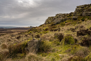 Bleak winter panoramic view of Baldstone, and Gib Torr in the Peak District National Park.