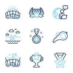 Sports icons set. Included icon as Laureate medal, Swimming pool, Victory signs. Whistle, Arena stadium, Winner reward symbols. Winner ribbon, Arena line icons. Laurel wreath, Basin. Vector