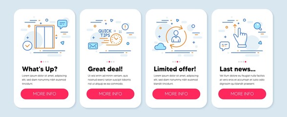 Set of Business icons, such as Person info, Quick tips, Lift symbols. Mobile screen app banners. Touchscreen gesture line icons. Refresh user data, Helpful tricks, Elevator. Slide up. Vector