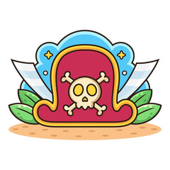 Pirate Hat and Sword Cartoon. Symbol Vector Icon Illustration, Isolated on White Background