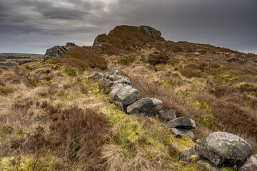 Bleak winter panoramic view of Baldstone, and Gib Torr in the Peak District National Park.