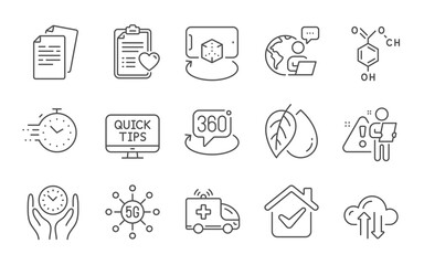 Safe time, 360 degree and 5g technology line icons set. Mineral oil, Augmented reality and Cloud sync signs. Patient history, Web tutorials and Chemical formula symbols. Line icons set. Vector