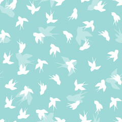 Seamless pattern with white swallow silhouette on blue background. Cute bird in flight. Vector illustration. Doodle style. Design for invitation, poster, card, fabric, textile
