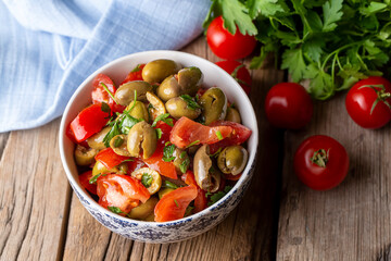 Gourmet flavors from traditional Turkish cuisine; green olive salad (Turkish name; Kirma yesil zeytin salatasi) A flavor belonging to the Turkey - Antakya region.