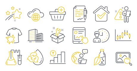 Set of Business icons, such as Graph chart, Water bottle, Recycle water symbols. Candlestick graph, Cloud computing, Buildings signs. Internet report, Add purchase, Chemistry lab. Spanner. Vector