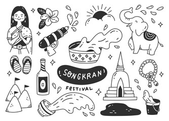 Songkran festival in thailand doodle illustration Art & Illustration