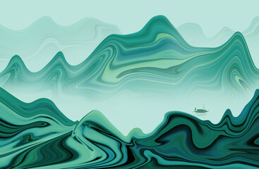 Fototapeta na wymiar Chinese style green landscape fluid gradient illustration