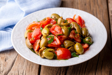 Gourmet flavors from traditional Turkish cuisine; green olive salad (Turkish name; Kirma yesil zeytin salatasi) A flavor belonging to the Turkey - Antakya region.