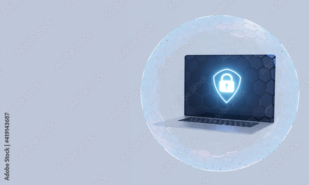 Poster 3d rendering of laptop computer with glowing shield logo inside spherical shield. concept for cyber 