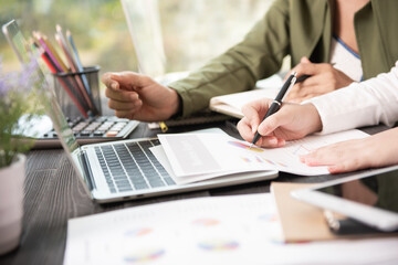 Business people meeting at office writing memos on sticky notes. planning strategy and brainstorming, colleagues thinking concept..internet of things communication connect network.