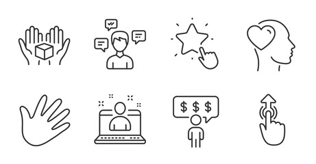 Ranking star, Hold box and Hand line icons set. Swipe up, Friend and Conversation messages signs. Best manager, Employee benefits symbols. Click rank, Delivery parcel, Swipe. People set. Vector