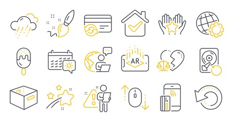 Set of Business icons, such as Recovery data, Ranking, Recovery hdd symbols. Change card, Augmented reality, Rainy weather signs. Paint brush, Ice cream, Travel calendar. Divorce lawyer. Vector