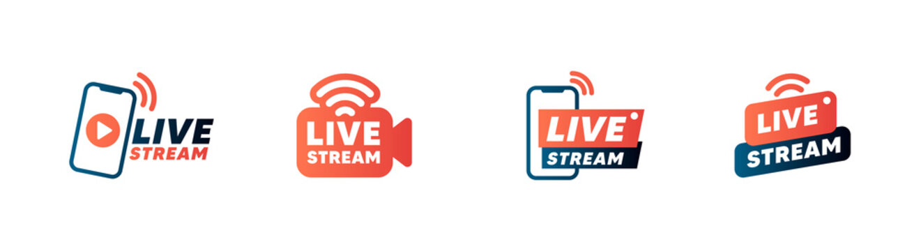 Set of live streaming icons and video broadcasting. Smartphone screen for online broadcast, streaming service.1