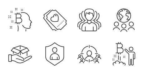 Global business, Group and Love ticket line icons set. Bitcoin project, Hold box and Security signs. Bitcoin think, Business targeting symbols. Outsourcing, Headhunting service, Heart. Vector