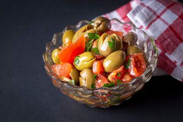 Gourmet flavors from traditional Turkish cuisine; green olive salad (Turkish name; Kirma yesil zeytin salatasi) A flavor belonging to the Turkey - Antakya region.