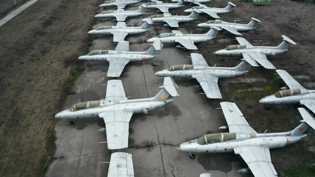 Aerial view of a squad of Aero L-29 Delfin jets