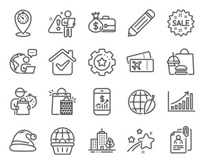 Fototapeta na wymiar Business icons set. Included icon as Salary, Mobile finance, Shopping bags signs. Sale, Environment day, Interview documents symbols. Graph chart, Pencil, Online shopping. Santa hat, Timer. Vector