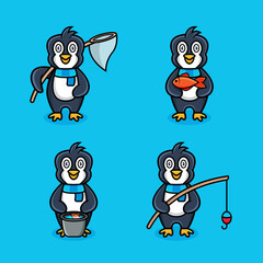 Cute penguin fishing illustration