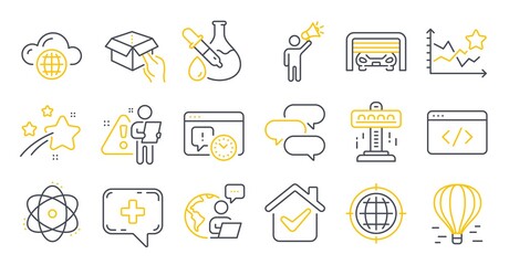 Set of Technology icons, such as Hold box, Medical chat, Brand ambassador symbols. Seo internet, Attraction, Talk bubble signs. Ranking stars, Atom, Air balloon. Cloud computing. Vector