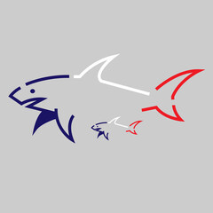 Two sharks drawn by lines cut into pieces in blue white and red on a gray background