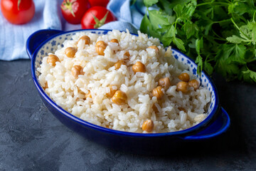 Turkish Rice with chickpea served, Turkish name; Nohutlu pilav or pilaf