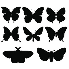 Black silhouettes of butterflies on a white background. Decorative elements for posters, cards, prints, stickers, wallpaper, fabric, textile, gift paper, scrapbooking. Set of vector illustrations