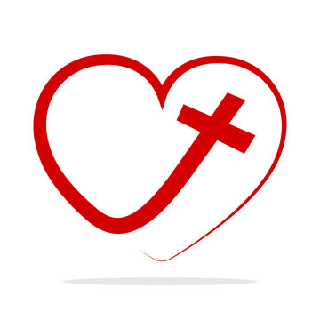 Christian cross icon in heart shape. Isolated religion symbol. Vector illustration.