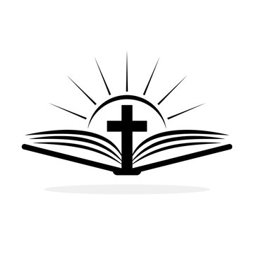 Church logo. Bible with christian cross. Abstract religion symbol.