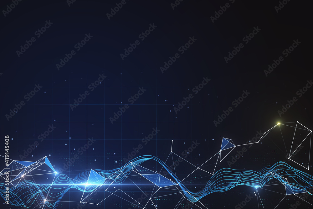 Poster Abstract technological backdrop with glowing waves and geometrical figures and empty space for your logo on dark background. Mockup