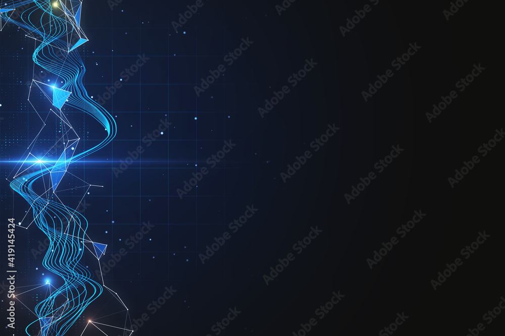 Poster abstract glowing digital technological waves and lines on dark wallpaper with blank space for your l