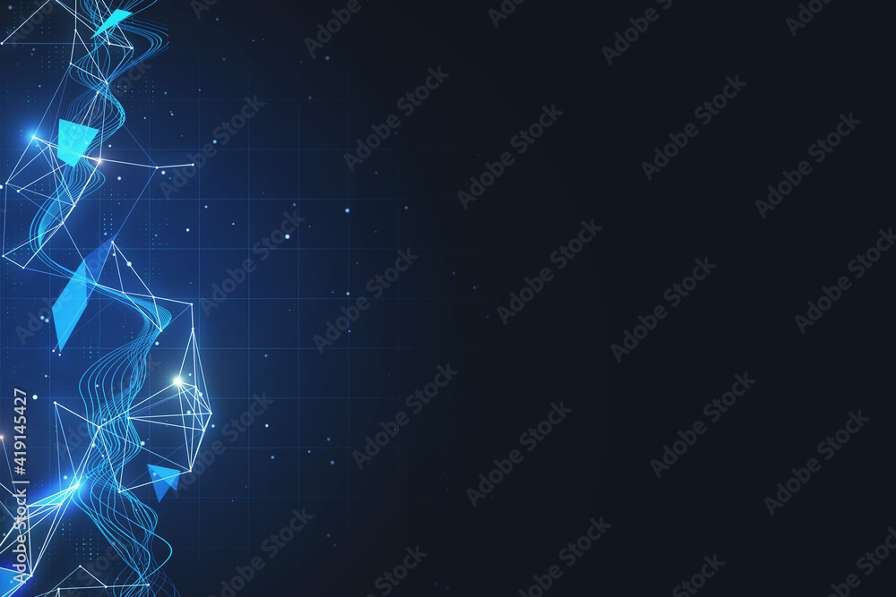 Poster blue glowing geometrical figures on abstract technological dark background with empty space for your