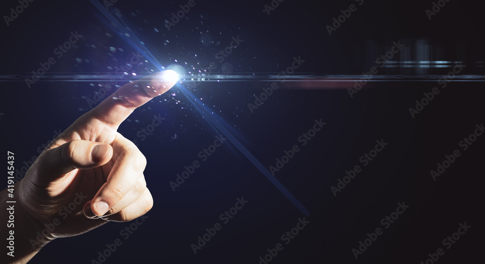 Poster Innovation and technologies concept with man finger touching abstract digital screen with copyspace and glowing light