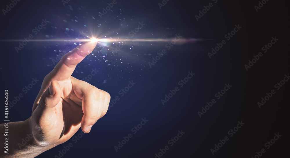 Aufkleber Knowledge and innovation concept with man hand on digital screen with light and empty space for your logo