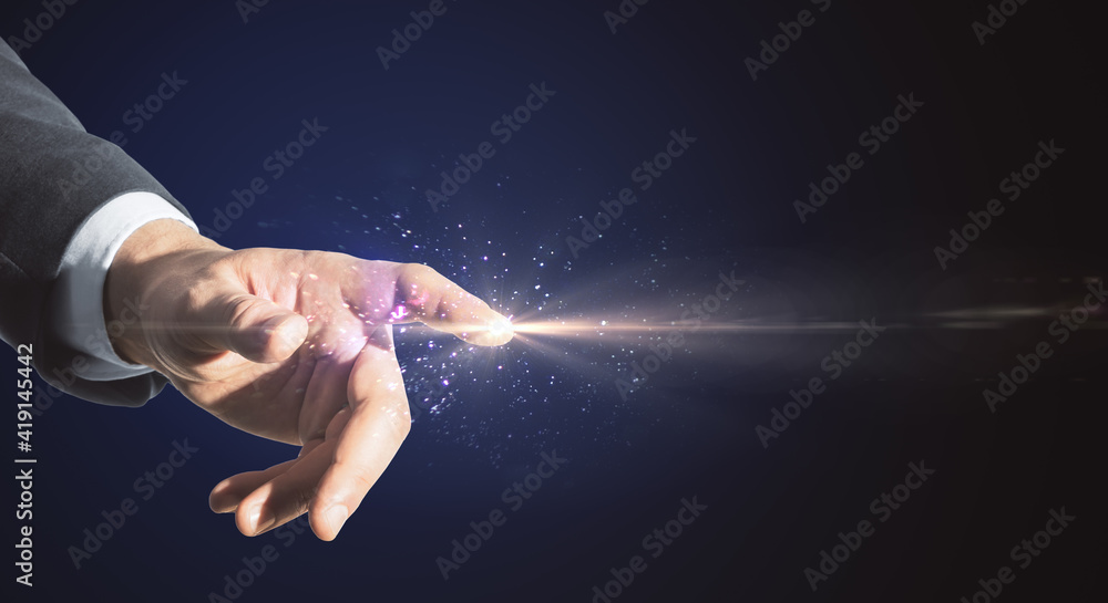 Poster technologies and innovation concept with businessman hand touching digital screen with glowing spot 
