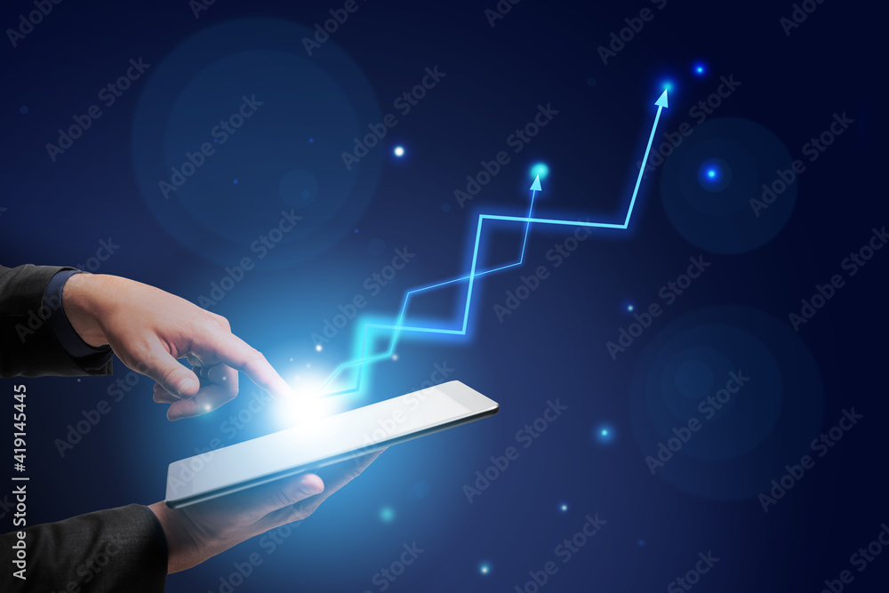 Poster business idea concept with man hand touching digital tablet screen and glowing light bulb with arrow