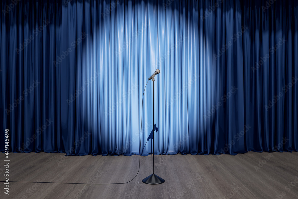 Poster speaker performance concept with round spotlight on blue curtain and microphone on wooden floor of e