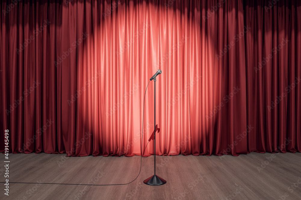 Aufkleber speaker performance concept with round spotlight on red curtain and microphone on wooden floor of em